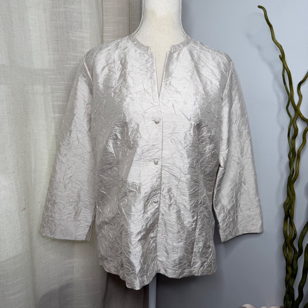Eileen Fisher 100% Silk Crinkle Jacket Knot Button Light Gray Women's Medium